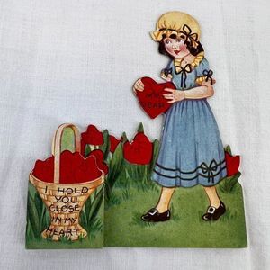 Vtg 1930s 1937 Valentine's Day Holiday Milkmaid Basket Folding Card